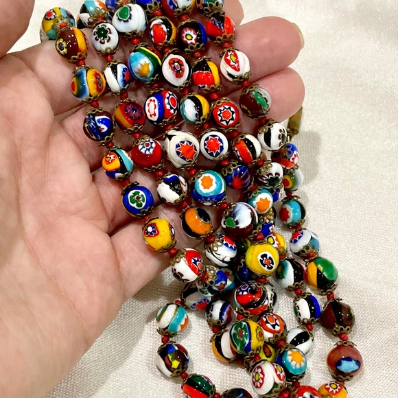 Vintage Italian Murano Millefiori Venetian Red Hand Knotted Glass Bead Necklace - Picture 5 of 9